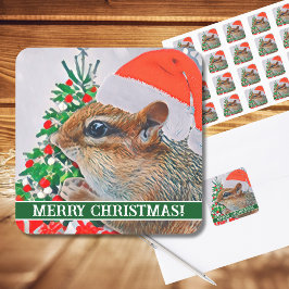 Chipmunk met Kerst Pet in Front of Tree Vierkante Sticker