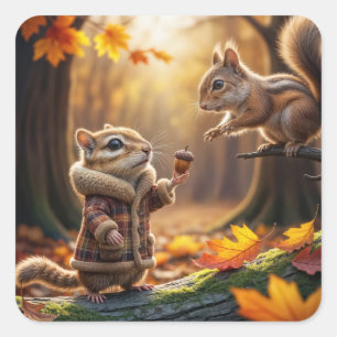 Chipmunk Ontmoeting In Een Herfst Bossen Vierkante Sticker