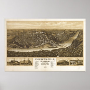Chippewa Herfsten WI 1907 Antiek Panoramische Kaar Poster