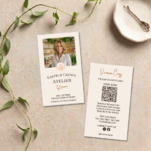 Chique Aardse Crème Haar Atelier Foto Logo QR Visitekaartje