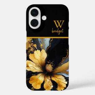 Chique abstract zwart goud bloemenmolen iPhone 16 hoesje