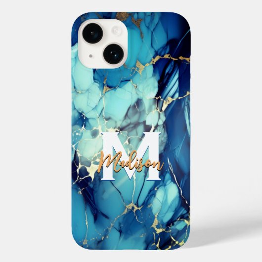 Chique aqua blauw marmer faux goud glitter monogra Case-Mate iPhone case (Achterkant)