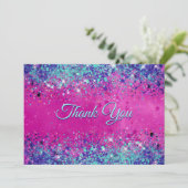 Chique aqua roze iriserende glitters bedankkaart (Staand voorkant)