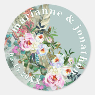 Chique Aquamarijn Weelderige Waterverf Bloemen Ronde Sticker