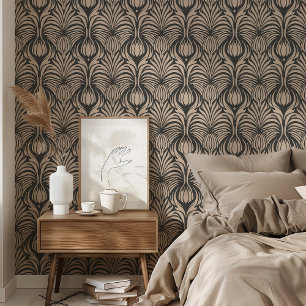 Chique Art Deco Bloemen Veer Patroon Zwart & Beige Behang