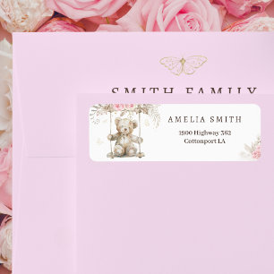 Chique Beige Waterverf Teddybeer Roze Bloemen Etiket