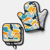 Chique Blauw Abstract Artsy Modern Custom Ovenwant & Pannenlap Set (Voorkant / Achterkant)