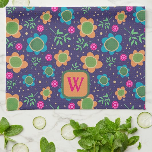 Chique Blauw Bloemen Kleurrijke Monogram Initiaal Theedoek (Gevouwen)