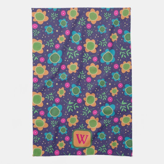 Chique Blauw Bloemen Kleurrijke Monogram Initiaal Theedoek (Verticaal)