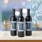 Chique Blauw Bloemen Witte Streep Gelukkige Verjaa Wijn Etiket