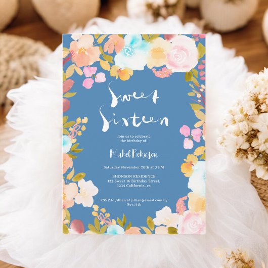Chique blauw boho floral waterverf script Sweet 16 Kaart