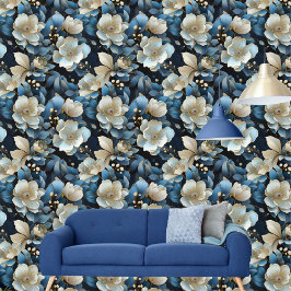 Chique blauw en goud bloemmotief Peel en Stick Behang
