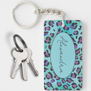 Chique Blauw en Paarse Luipaard Print Monogram Sleutelhanger