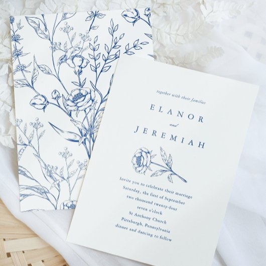 Chique blauw en wit bloemenbruiloft uitnodiging