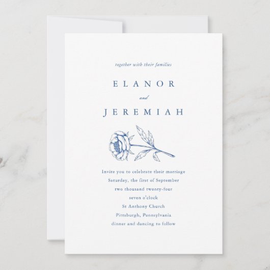 Chique blauw en wit bloemenbruiloft uitnodiging (Voorkant)