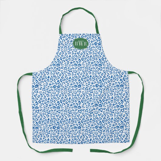 Chique blauw en wit dierenprint groen monogram schort (Voorkant)