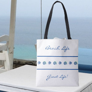 Chique blauw en wit strepen Shell Fish Beach Life Draagtas