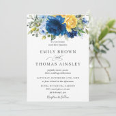  chique blauw geel bloemengroen bruiloft kaart (Staand voorkant)