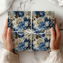 Chique Blauw Ivoren Bloem Motief Elegant Cadeaupap