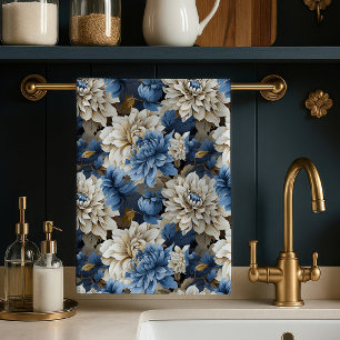 Chique Blauw Ivoren Bloem Motief Elegante Keukenha Theedoek