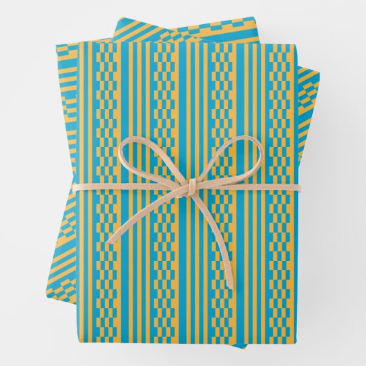 Chique blauw 'n geel inpakpapier flat sheet set (In situ)