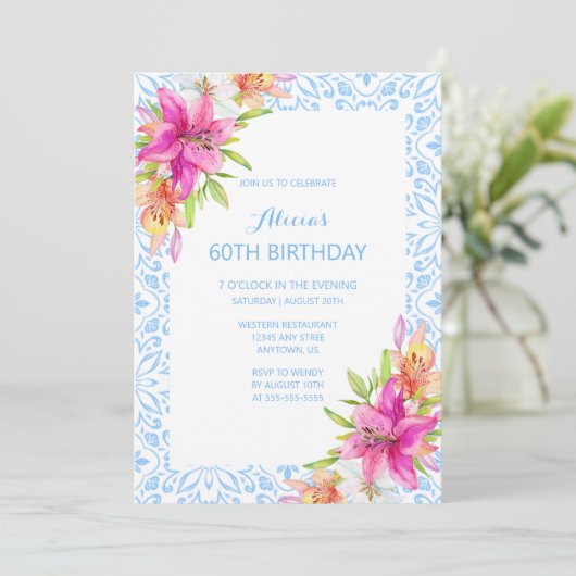 Chique Blauw Portugees Azulejo Mozaïek Lily Verjaa Kaart (Staand voorkant)