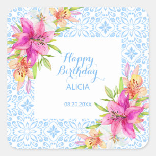 Chique Blauw Portugees Azulejo Mozaïek Lily Verjaa Vierkante Sticker