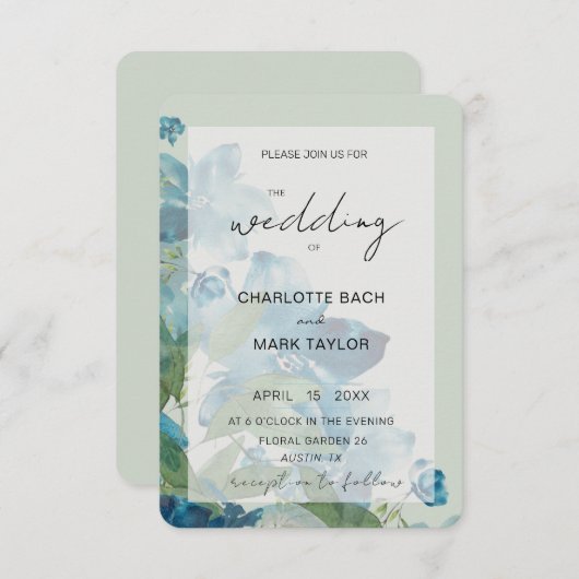 Chique Blauw Sage Groene Waterverf Bloemen Kaart (Voorkant / Achterkant)