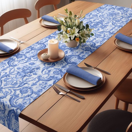 Chique  Blauw toile de jouy monogram Korte Tafelloper