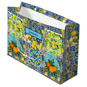 Chique blauw turquoise siciliaanse citrus bloemige groot cadeauzakje