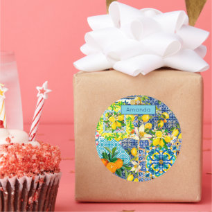 Chique blauw turquoise siciliaanse citrus bloemige ronde sticker