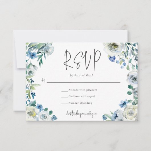 Chique blauw wit bloementuin bruiloft RSVP kaartje (Voorkant)