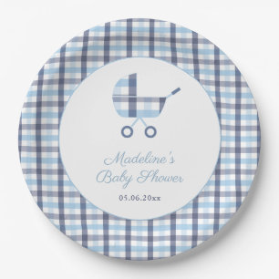 Chique blauw wit check Buggy Boy Baby shower Party Papieren Bordje