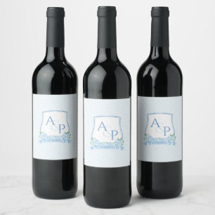 Chique Blauw Wit Hydrangea Monogram Bruiloft Crest Wijn Etiket