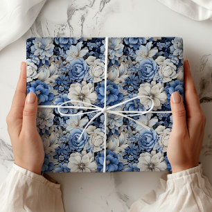 Chique Blauw Wit Ivoor Bloem Motief Moderne Inpakp Cadeaupapier
