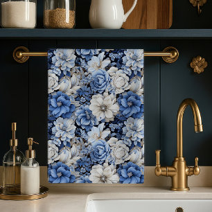 Chique Blauw Wit Ivoor Bloemig Zachte Keukenhanddo Theedoek