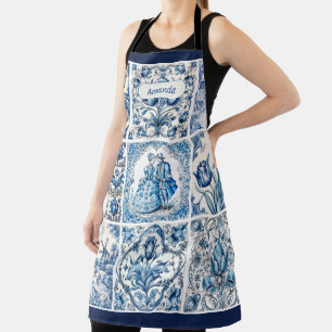 Chique Blauw wit lijsten toile de jouy monogram Schort