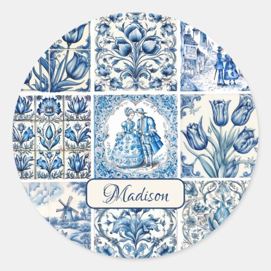 Chique Blauw wit toile de jouy Poppen en bloemen Ronde Sticker (Voorkant)