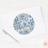 Chique Blauw wit toile de jouy Poppen en bloemen Ronde Sticker (Envelop)