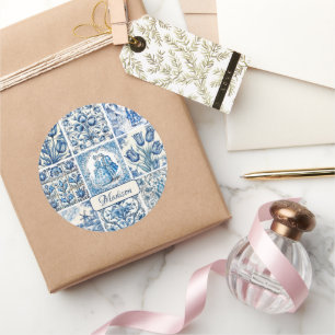 Chique Blauw wit toile de jouy Poppen en bloemen Ronde Sticker