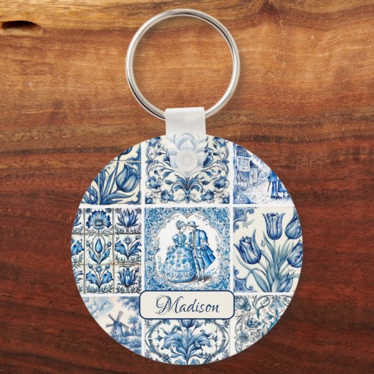 Chique Blauw wit toile de jouy Poppen en bloemen Sleutelhanger (Achterkant)
