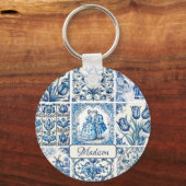 Chique Blauw wit toile de jouy Poppen en bloemen Sleutelhanger (Voorkant)