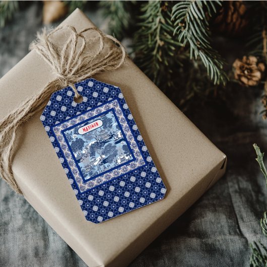 Chique Blauw wit wilg chinoiserie toile monogram Cadeaulabel