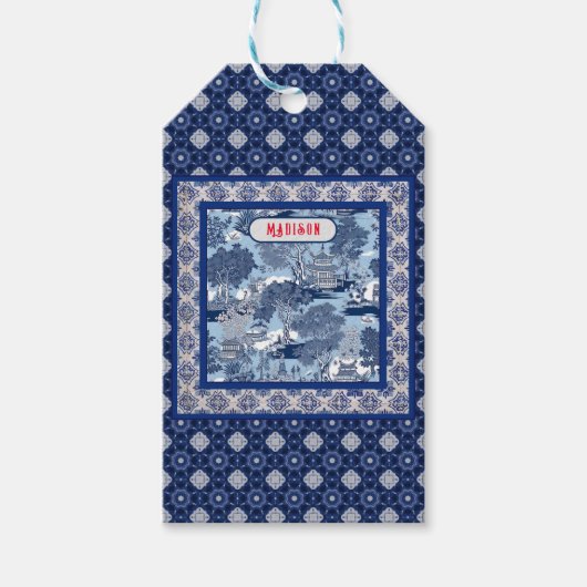 Chique Blauw wit wilg chinoiserie toile monogram Cadeaulabel (Voorkant)