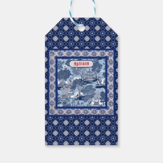 Chique Blauw wit wilg chinoiserie toile monogram Cadeaulabel (Achterkant)