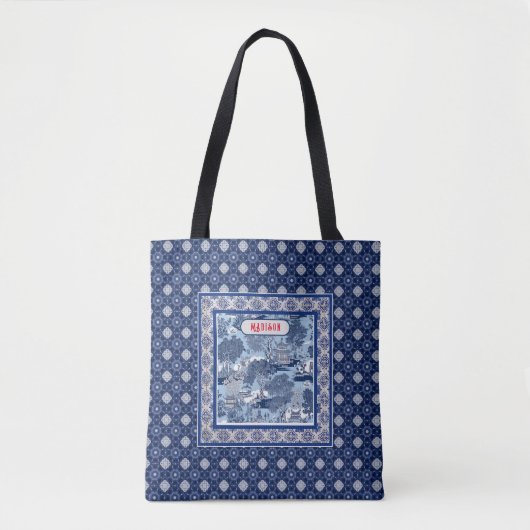 Chique Blauw wit wilg chinoiserie toile monogram Draagtas (Voorkant)