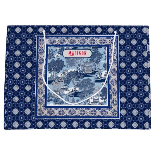 Chique Blauw wit wilg chinoiserie toile monogram Groot Cadeauzakje (Voorkant)