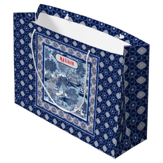 Chique Blauw wit wilg chinoiserie toile monogram Groot Cadeauzakje (Achterkant Gekanteld)