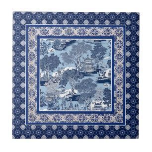 Chique Blauw wit wilg chinoiserie toile monogram Tegeltje