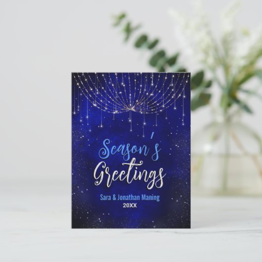 Chique blauw zilver glitter kerstverlichting nieuw briefkaart (Staand voorkant)